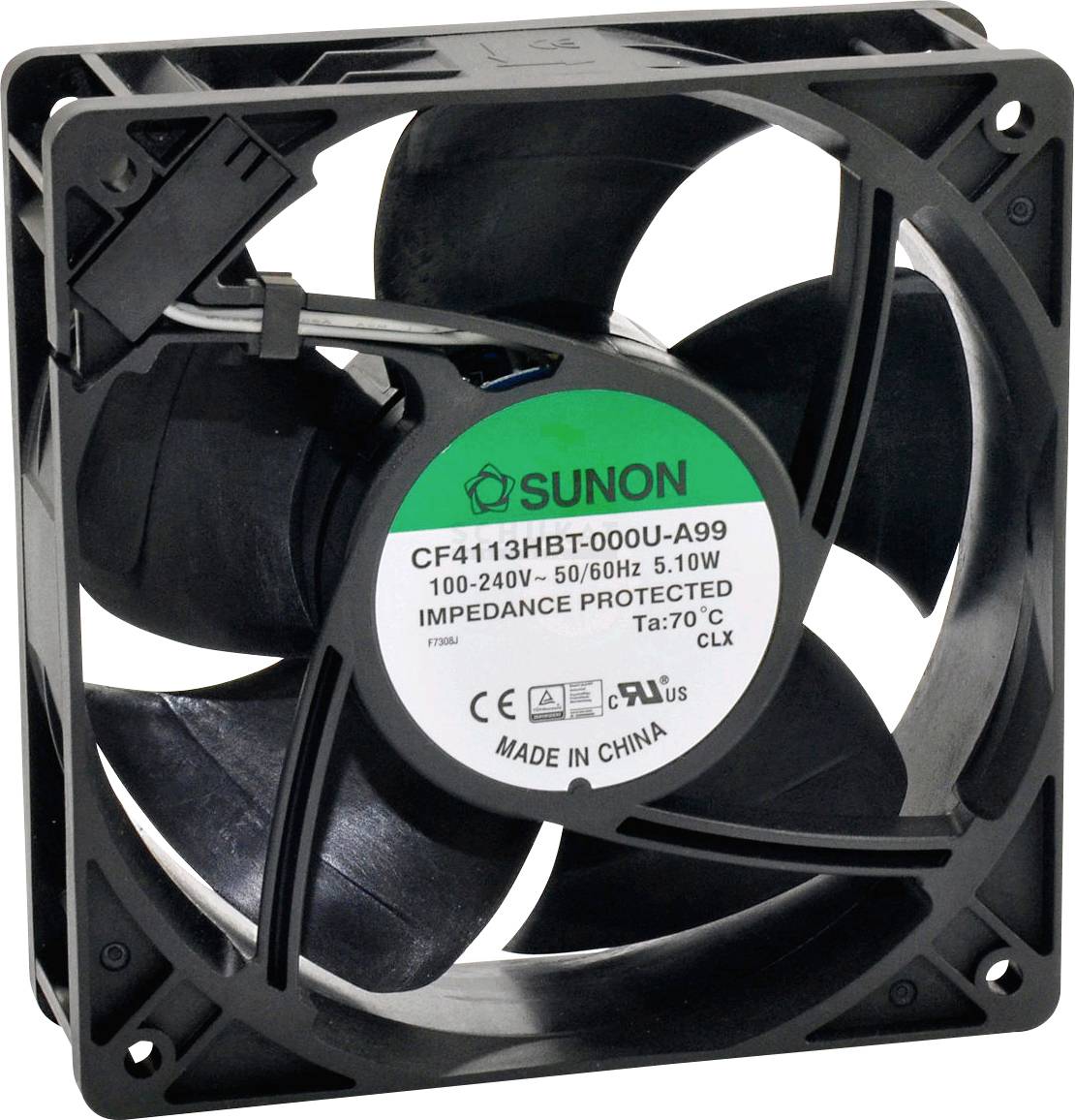 Ein schwarzer Ventilator mit vier Flügeln. Auf dem Etikett stehen technische Spezifikationen: '100-240V, 50/60Hz, 5.10W'.