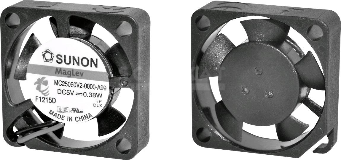 Zwei kleine, quadratische Lüfter. Der linke zeigt ein Produktlabel 'SUNON MagLev DC5V 0.38W, Made in China'. Der rechte zeigt die Lüfterflügel.