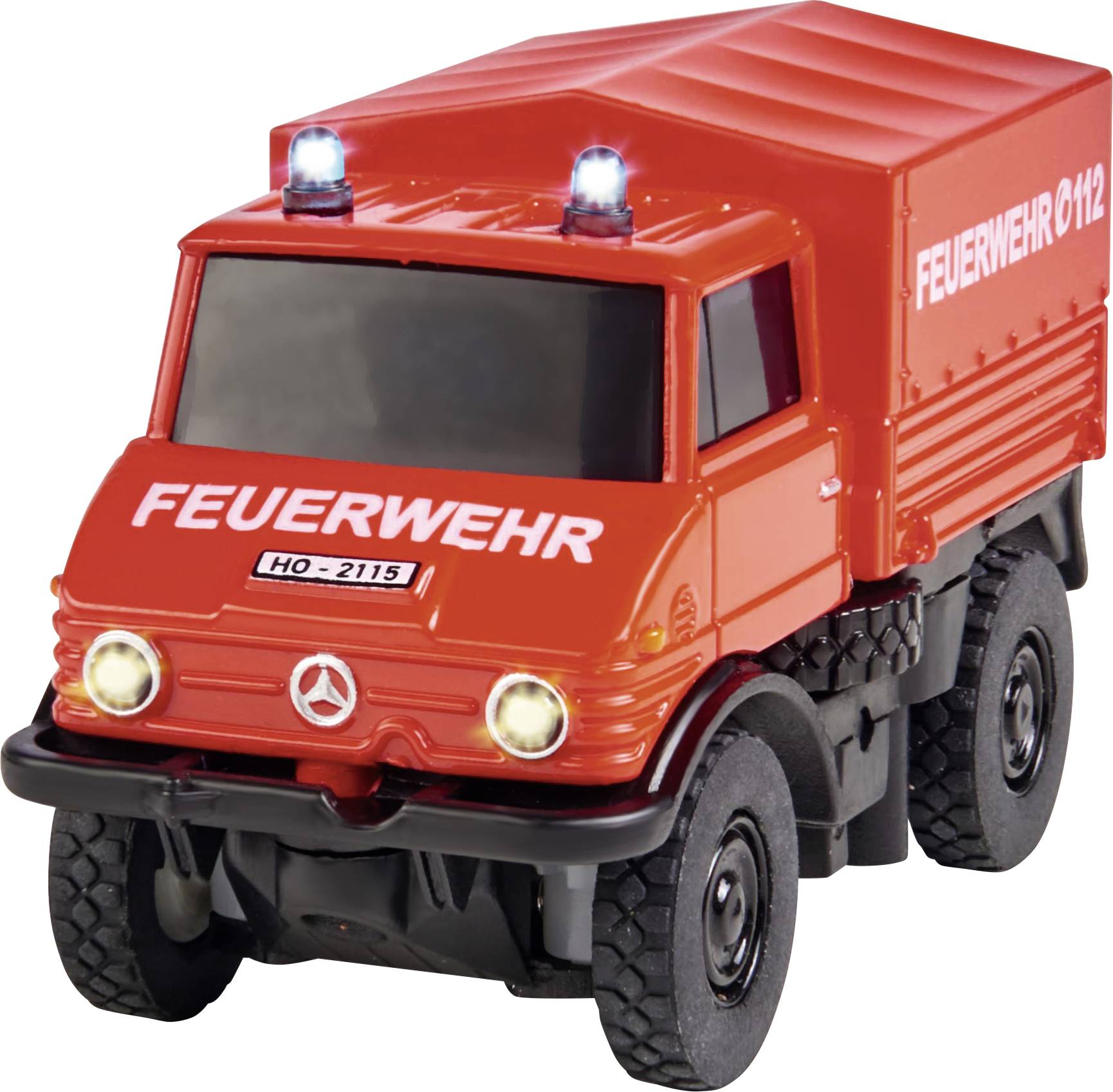 Carson Modellsport 500504139 MB Unimog U406 Feuerwehr 1:87 RC Modellauto Elektro Einsatzfahrzeug inkl. Akku, Ladegerät und
