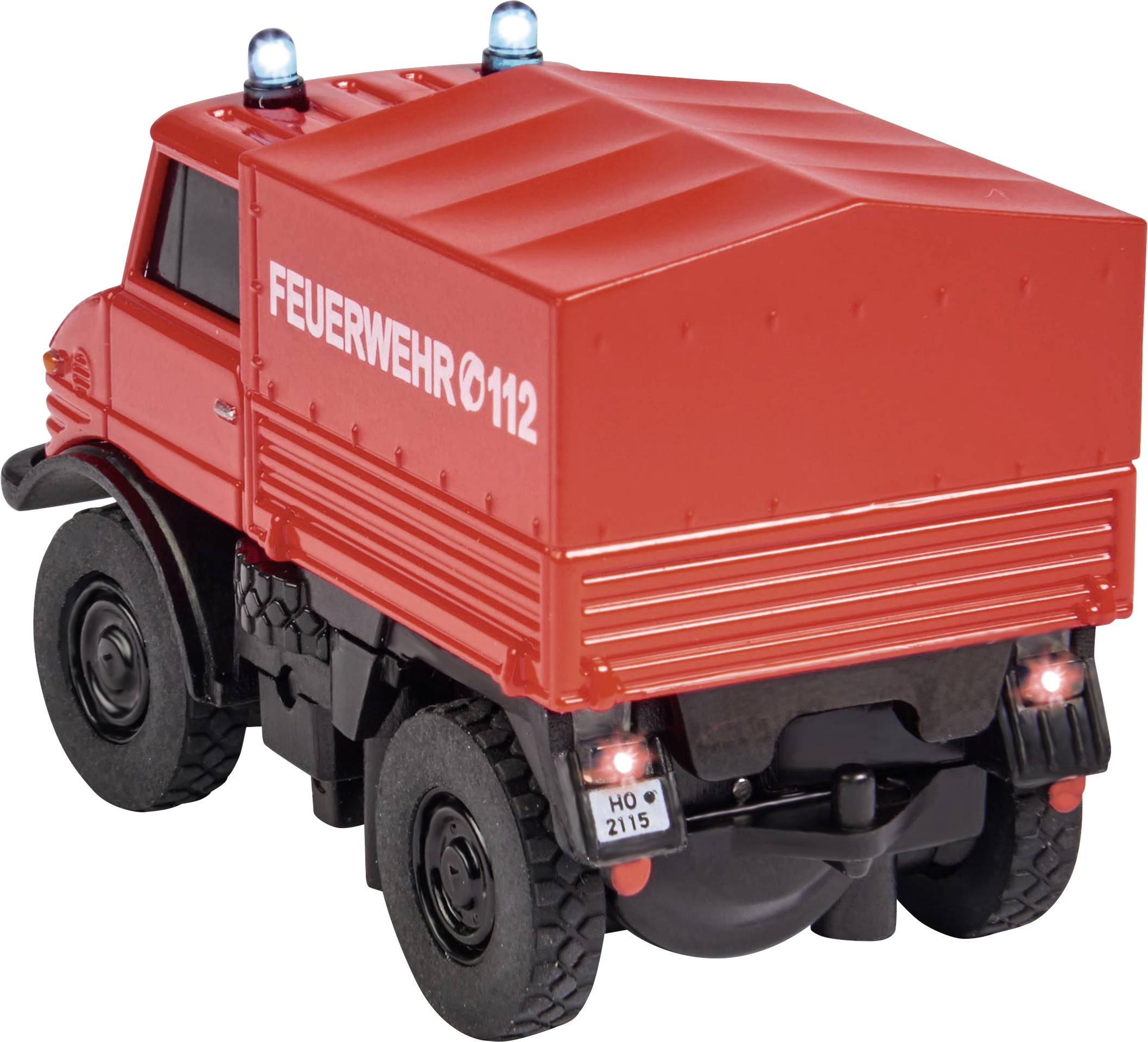 Carson Modellsport 500504139 MB Unimog U406 Feuerwehr 1:87 RC Modellauto Elektro Einsatzfahrzeug inkl. Akku, Ladegerät und