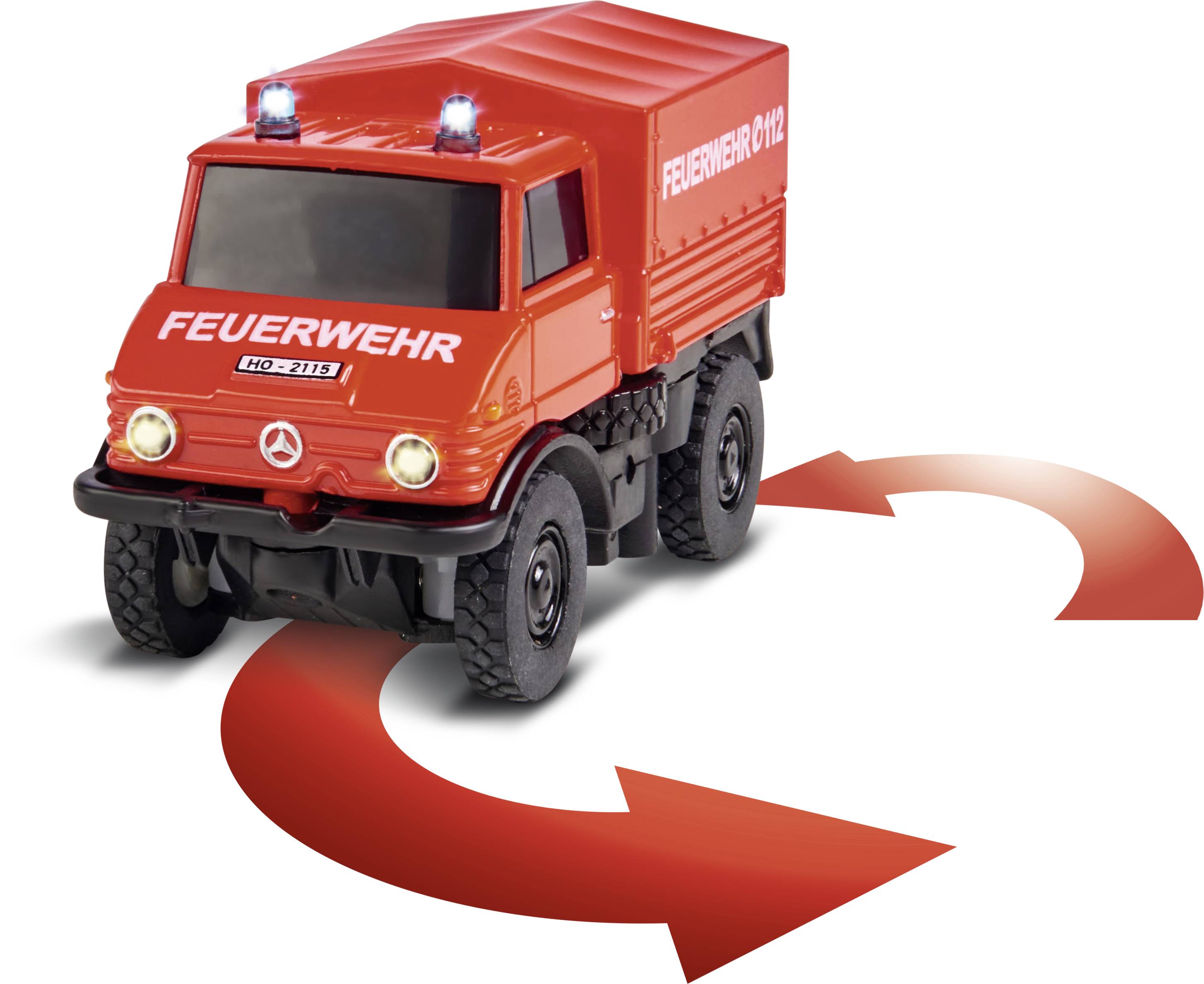 Carson Modellsport 500504139 MB Unimog U406 Feuerwehr 1:87 RC Modellauto Elektro Einsatzfahrzeug inkl. Akku, Ladegerät und
