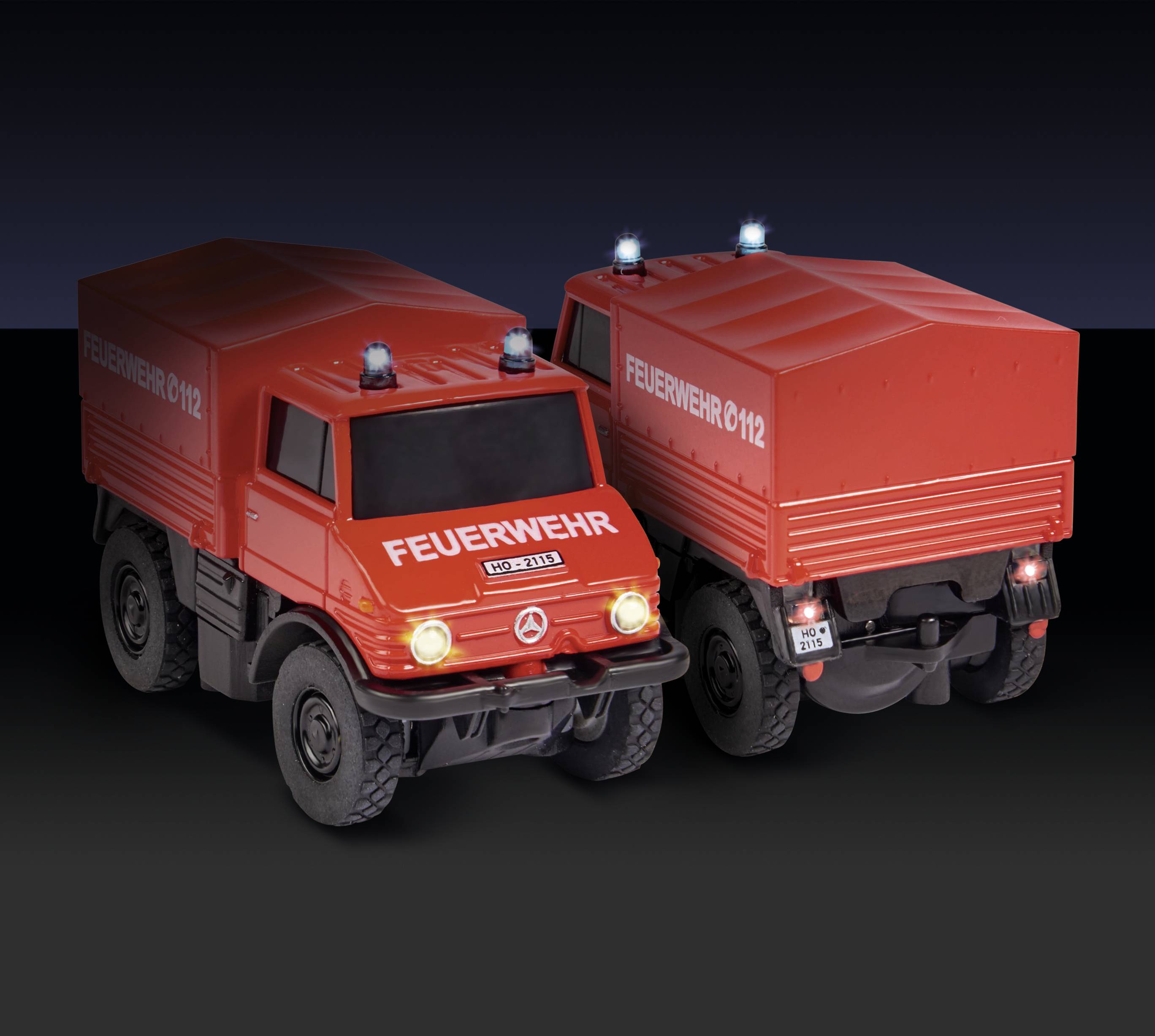 Carson Modellsport 500504139 MB Unimog U406 Feuerwehr 1:87 RC Modellauto Elektro Einsatzfahrzeug inkl. Akku, Ladegerät und
