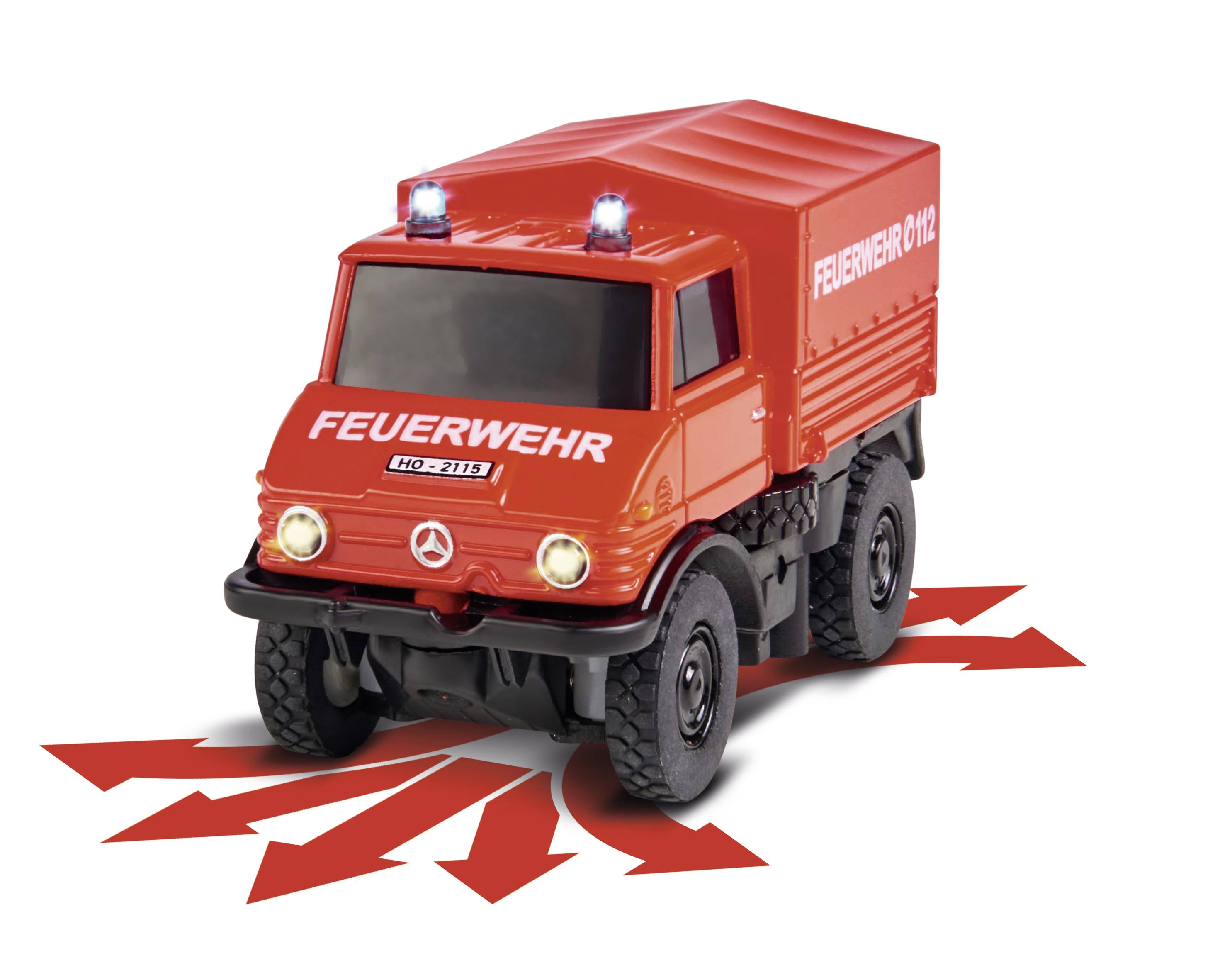 Carson Modellsport 500504139 MB Unimog U406 Feuerwehr 1:87 RC Modellauto Elektro Einsatzfahrzeug inkl. Akku, Ladegerät und