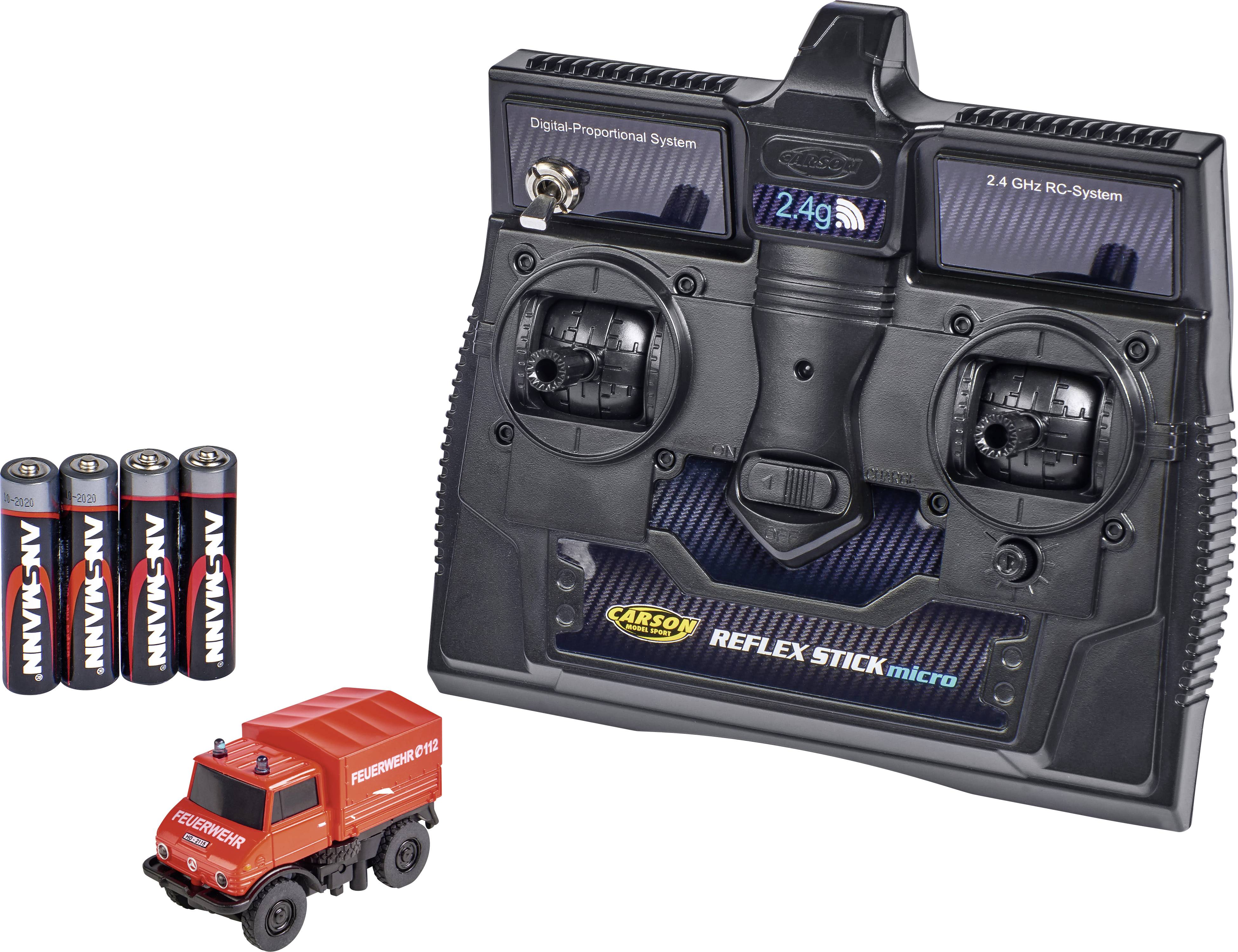 Carson Modellsport 500504139 MB Unimog U406 Feuerwehr 1:87 RC Modellauto Elektro Einsatzfahrzeug inkl. Akku, Ladegerät und