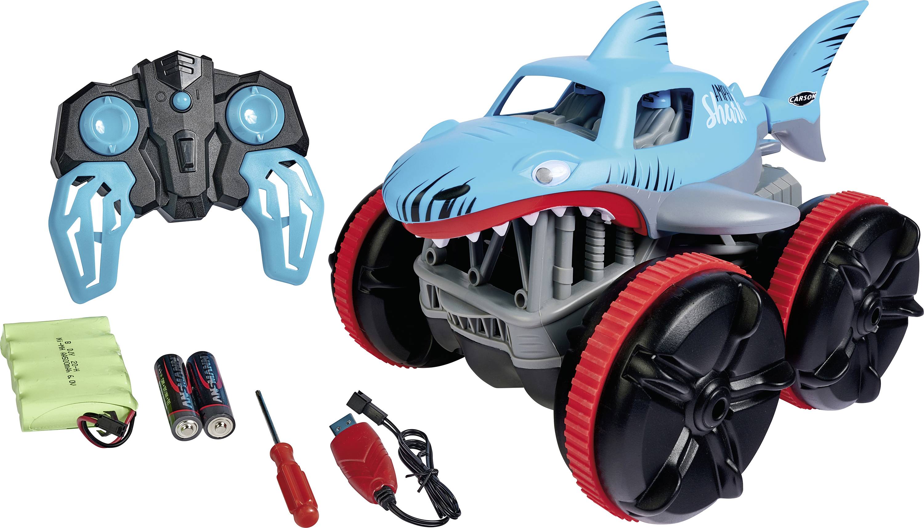 Carson Modellsport 404221 Amphi Shark RC Modellauto Elektro Amphibienfahrzeug inkl. Akku, Ladegerät und Senderbatterien