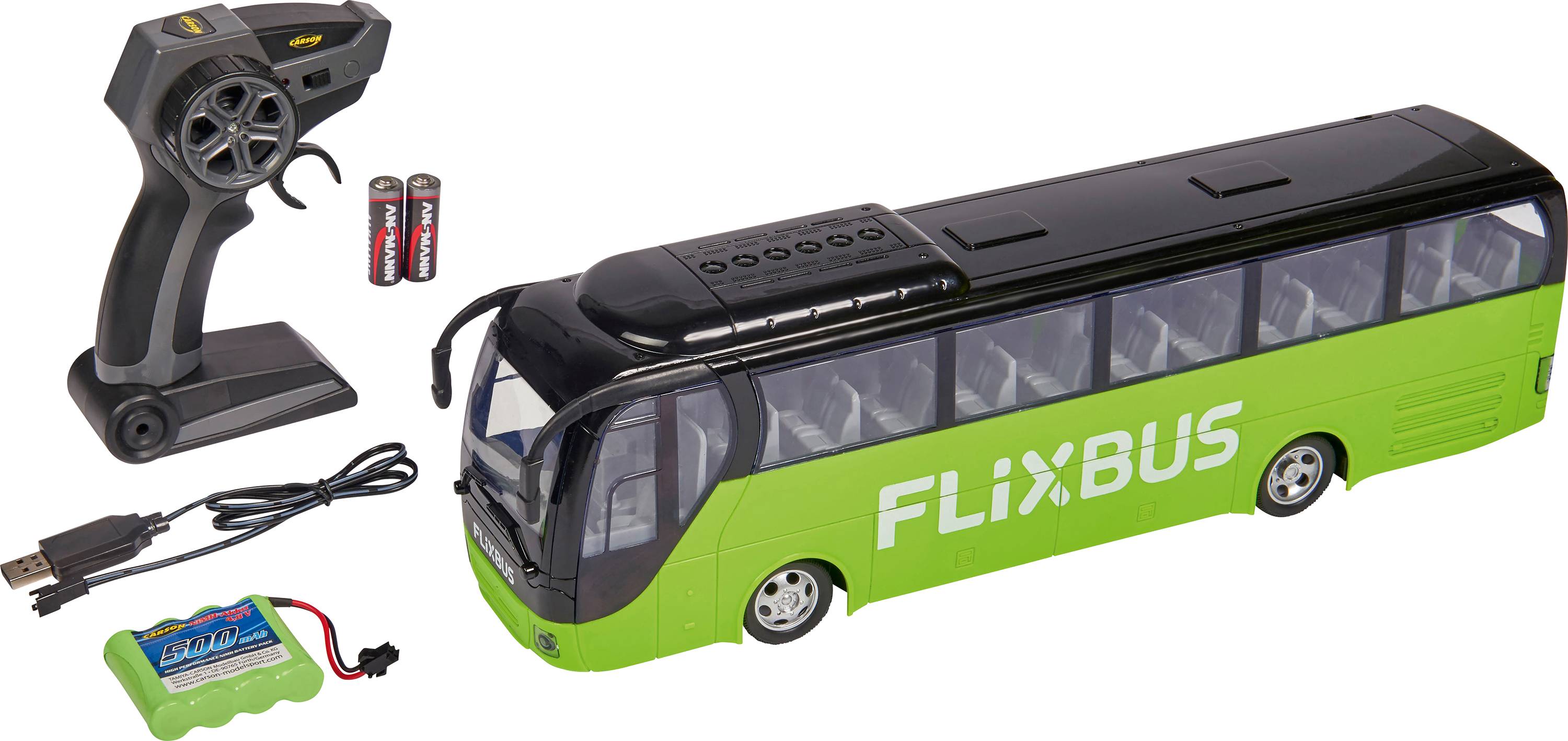 Carson Modellsport 907342 FlixBus RC Modellauto Elektro Bus inkl. Akku, Ladegerät und Senderbatterien