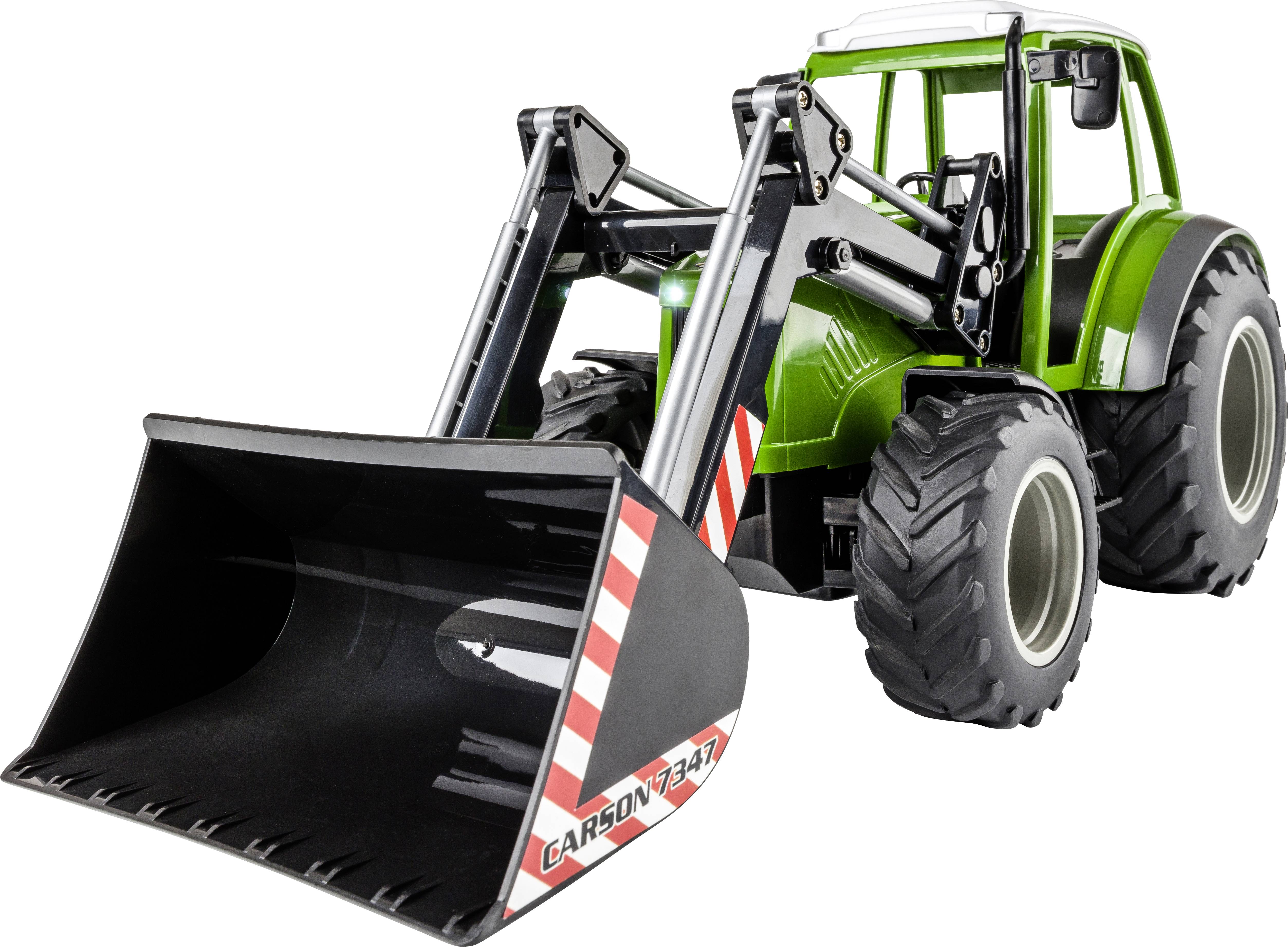 Carson Modellsport 907347 RC Traktor mit Frontlader 1:16 RC Funktionsmodell Elektro Landwirtschaftsfahrzeug inkl. Akku, Ladegerät