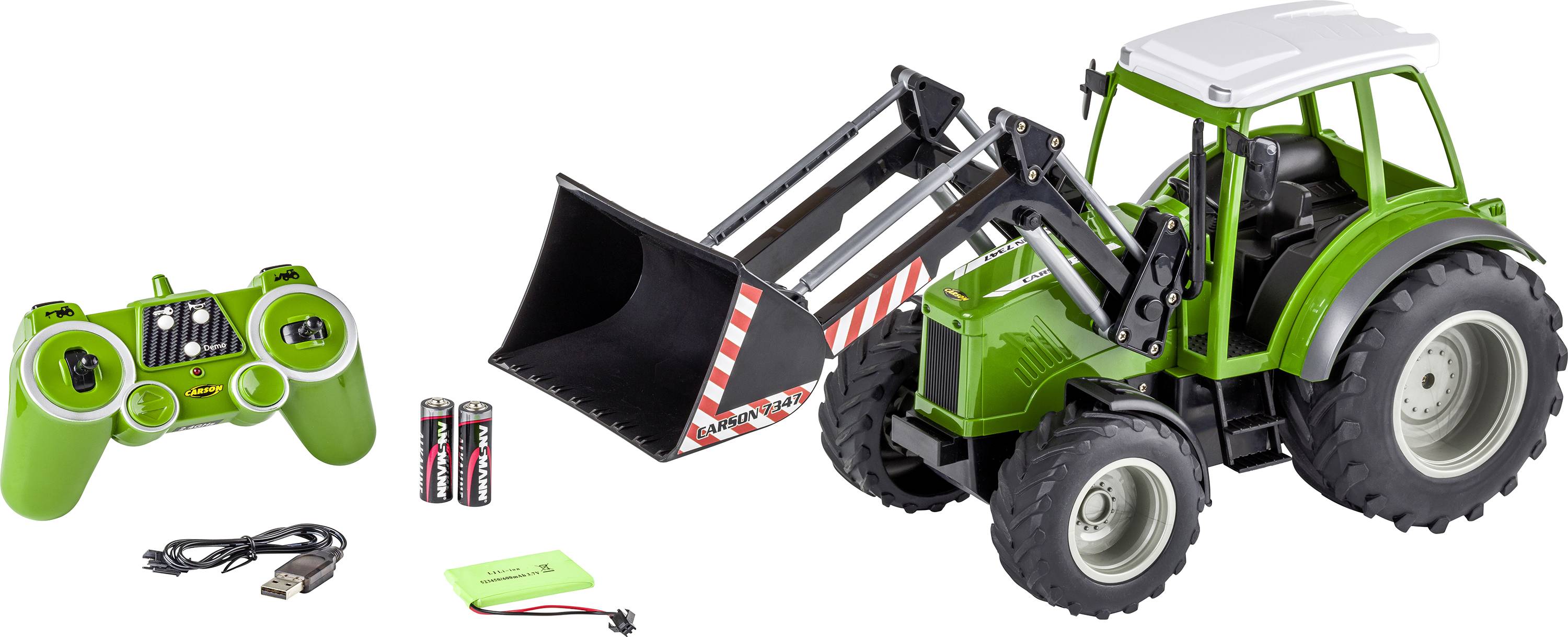 Carson Modellsport 907347 RC Traktor mit Frontlader 1:16 RC Funktionsmodell Elektro Landwirtschaftsfahrzeug inkl. Akku, Ladegerät