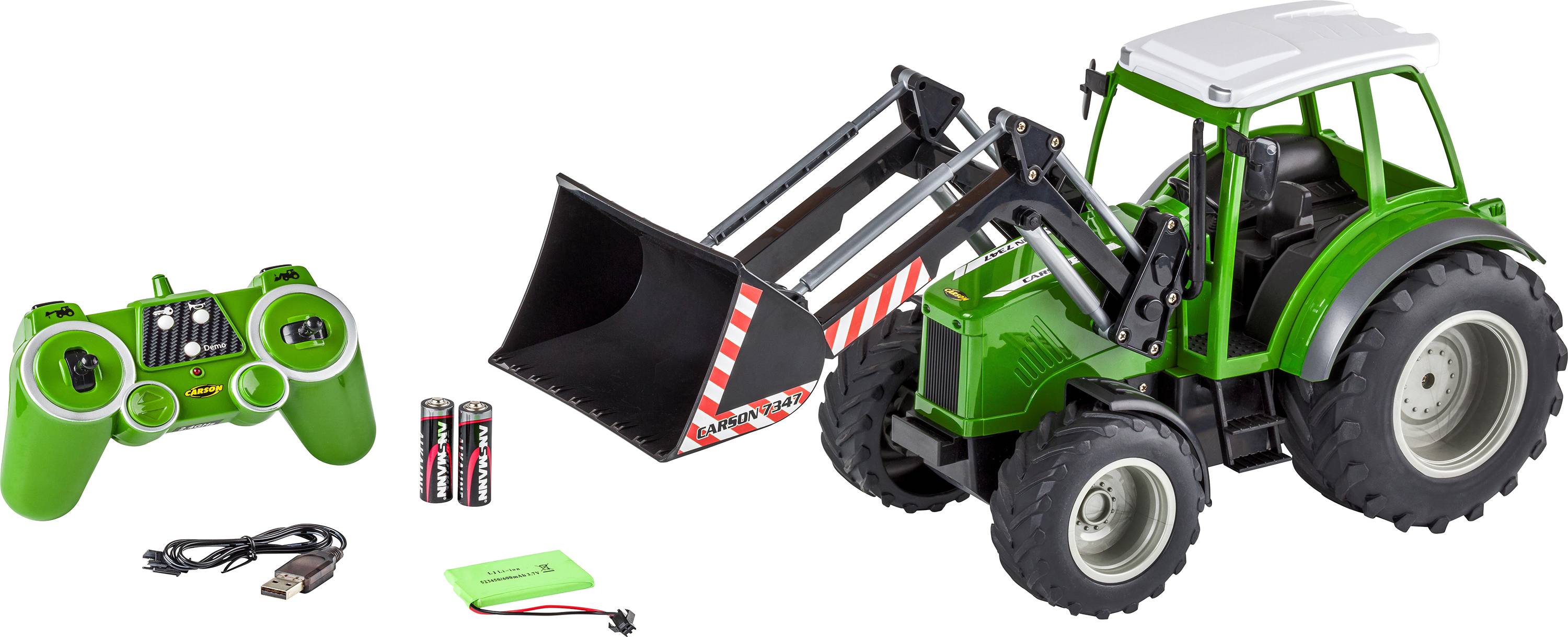 Carson Modellsport 907347 RC Traktor mit Frontlader 1:16 RC Funktionsmodell Elektro Landwirtschaftsfahrzeug inkl. Akku, Ladegerät