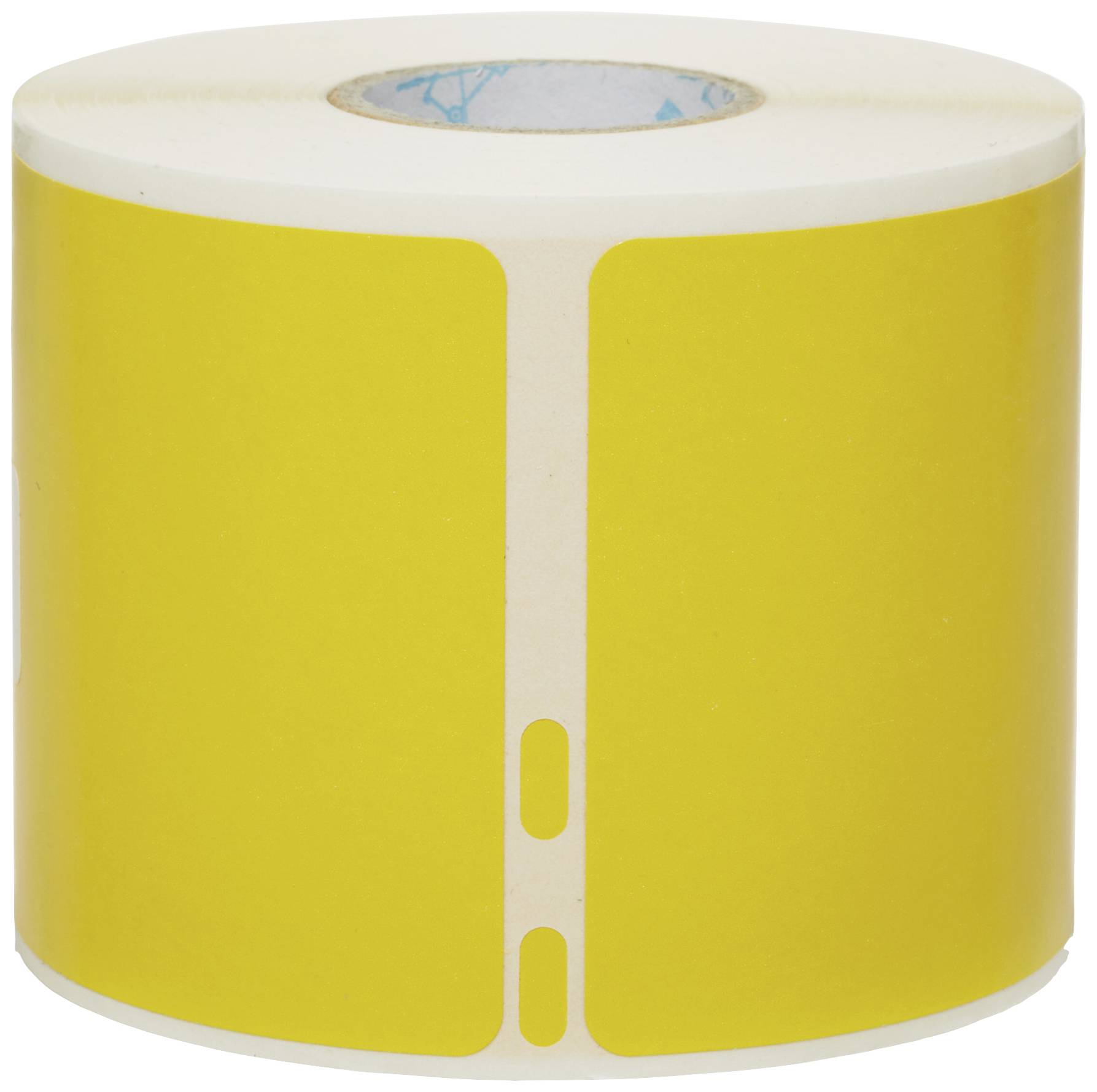 Gelbe Etikettenrolle mit rechteckigen selbstklebenden Etiketten, geeignet für Druckeranwendungen. Runde Kanten an den Etiketten.