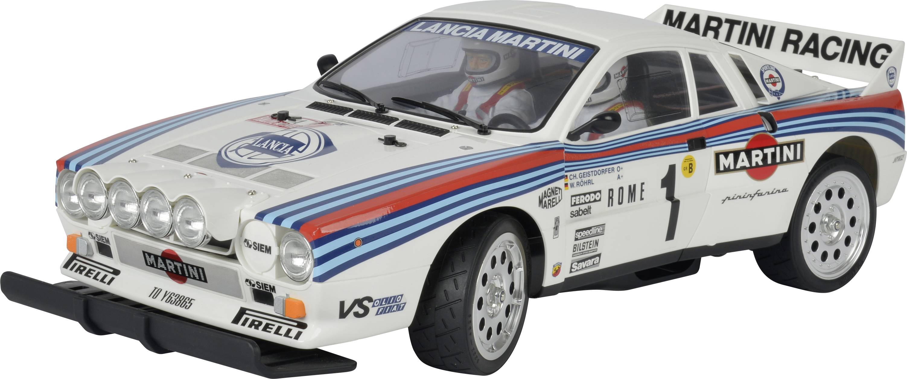 Modellauto eines Rallye-Rennwagens mit Martini-Racing-Design und Lancia-Logo. Racing-Nummer '1', weiße Karosserie mit blauen Streifen.