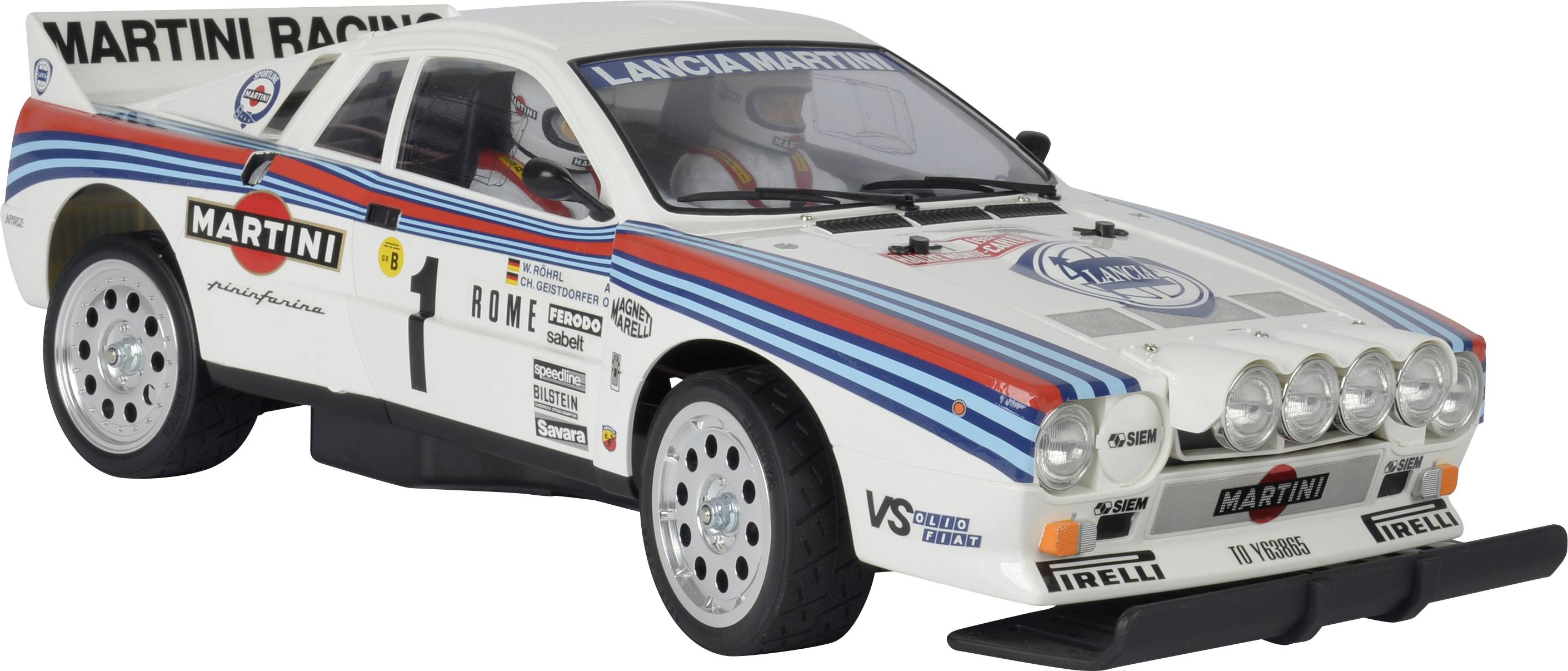 Ein weißes Modellauto eines Rallyewagens mit 'Lancia Martini' und 'Martini Racing' Aufklebern, blauen und roten Streifen, auf hellem Hintergrund.