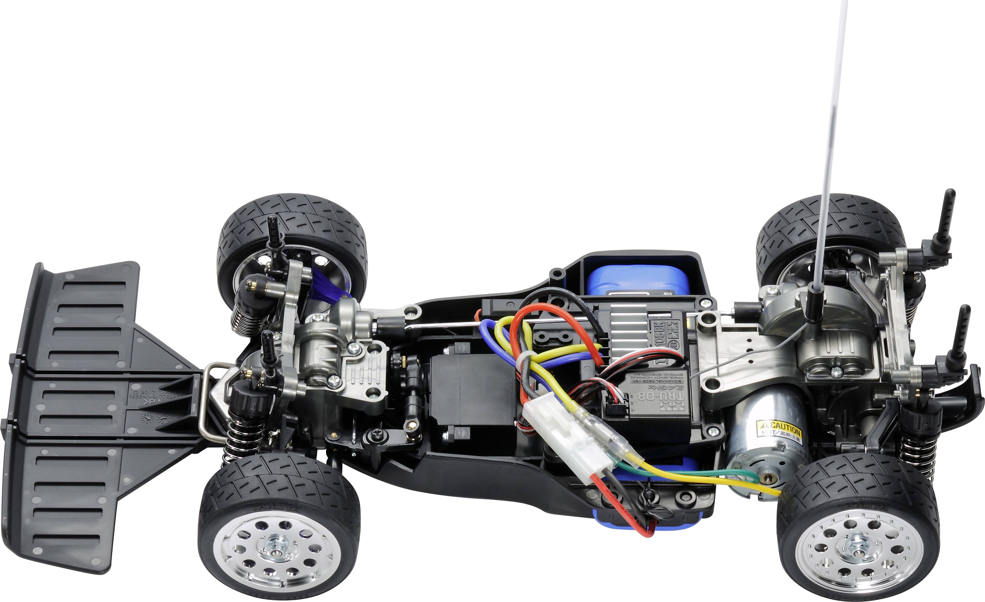 Ein ferngesteuertes Auto-Chassis mit sichtbaren Rädern, Batterie, Motor und Verkabelung. Das Fahrzeug ist von oben betrachtet.