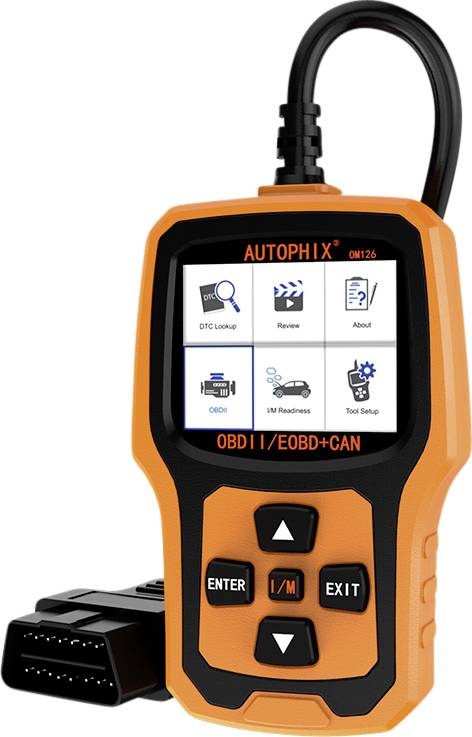 Orange Scanner mit Bildschirm und Tasten, zeigt Optionen zur Fahrzeugdiagnose. Text auf Gerät: 'AUTOPHIX OBDII/EOBD+CAN'. Kabelanschluss links.