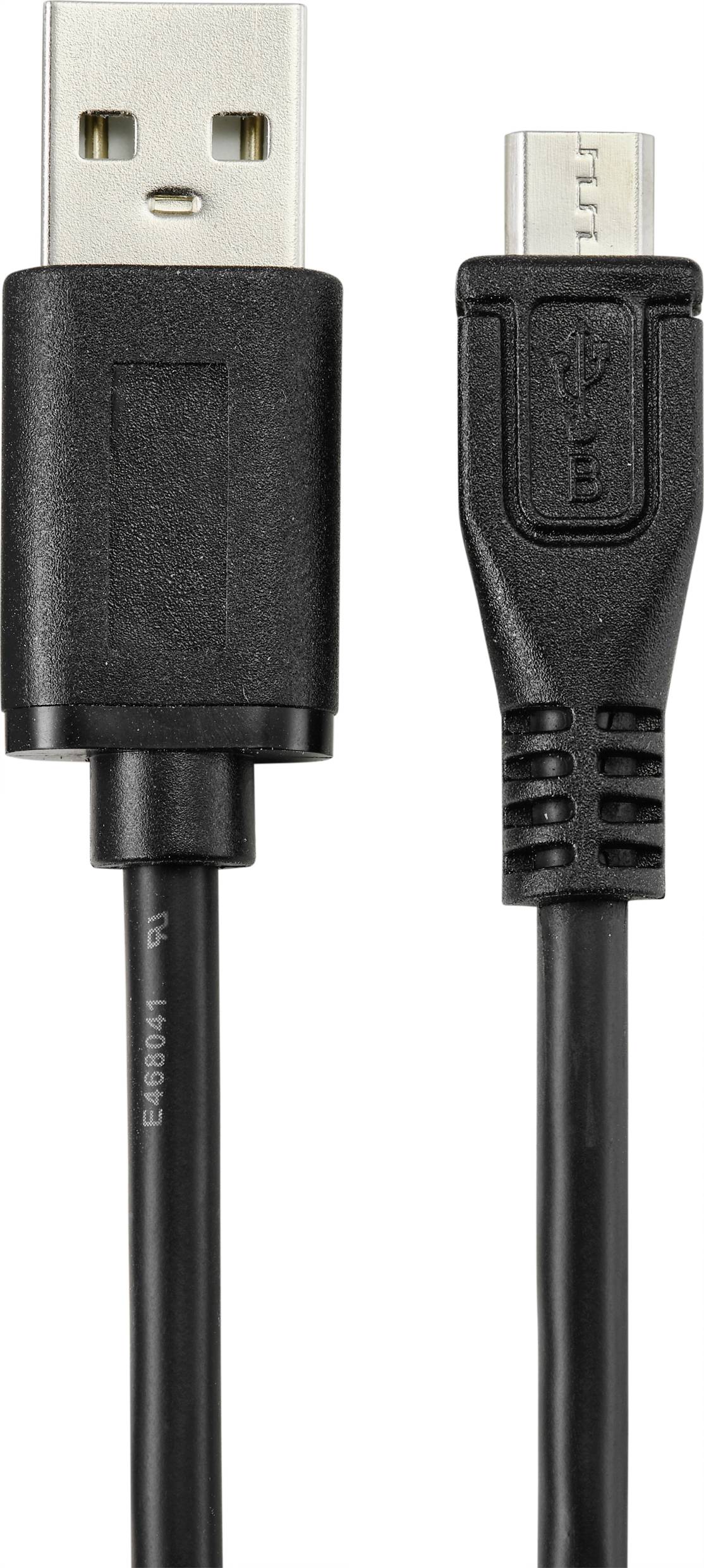 Ein USB-Kabel mit zwei Anschlüssen: links ein USB-A-Stecker, rechts ein Micro-USB-Stecker. Kabel ist schwarz.