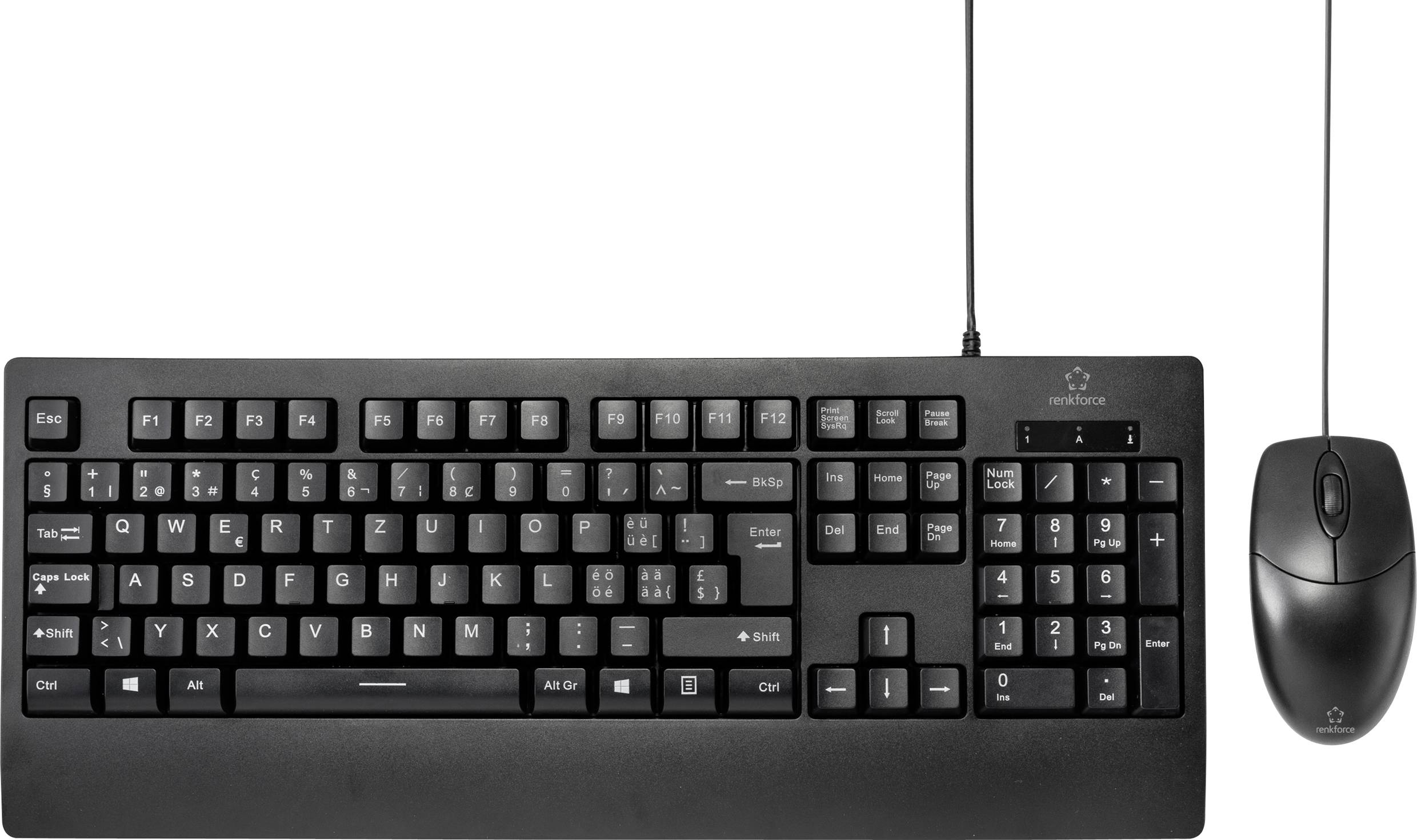 Schwarze Tastatur mit Ziffernblock und Kabel, daneben eine kabelgebundene schwarze Maus.