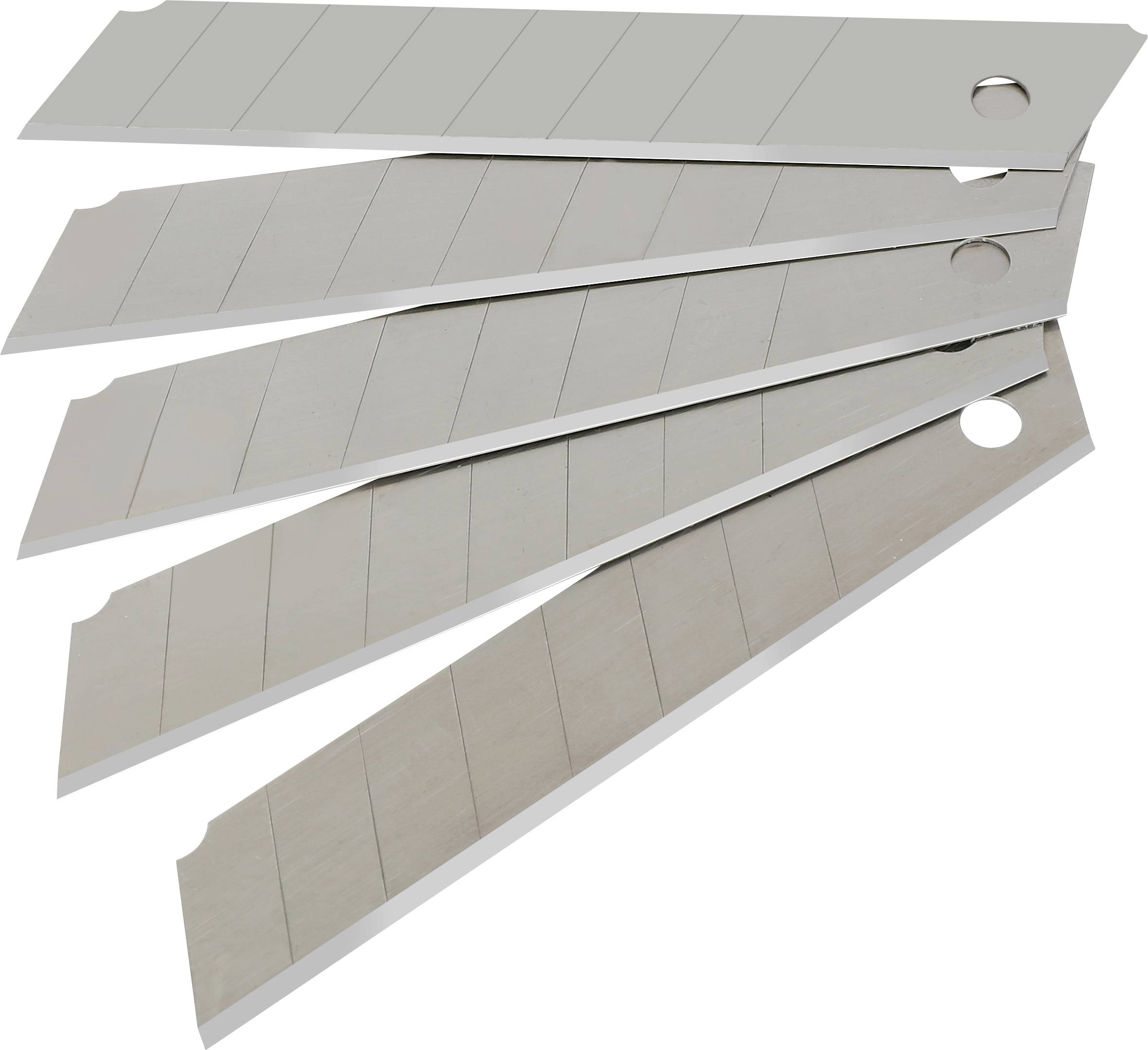 Fünf silberne Utility-Messerklingen, die jeweils Abschnitte mit Sollbruchstellen zum Abbrechen aufweisen, sind in einer versetzten Anordnung ausgebreitet.