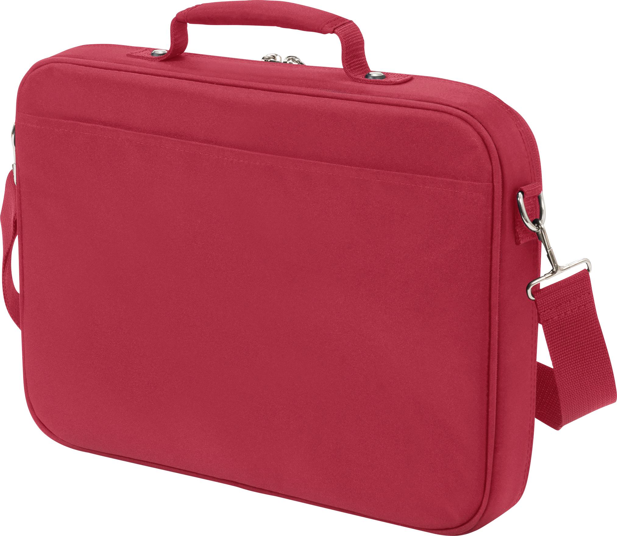 Rote Laptoptasche mit Tragegriff und Schultergurt, geeignet für Transport und Schutz eines Laptops.