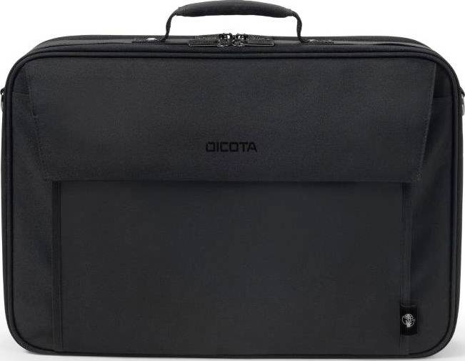 Schwarze Laptoptasche mit einem Griff oben und einem Reißverschluss. Vorne befindet sich eine Tasche.
