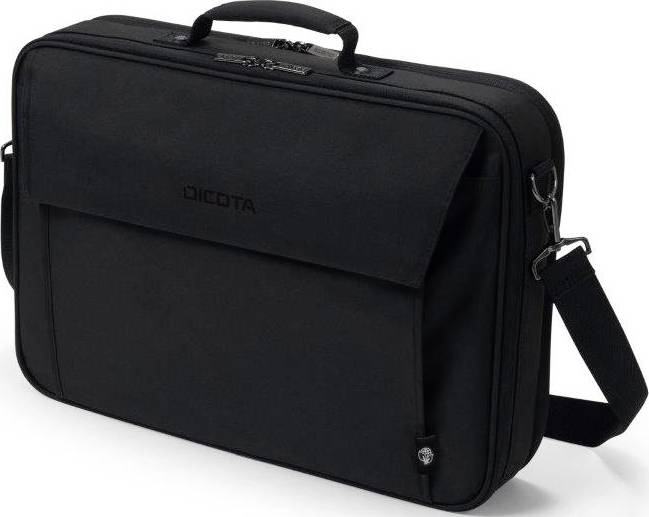 Schwarze Laptoptasche mit Tragegriff und Schultergurt, Markenname auf der Vorderseite.