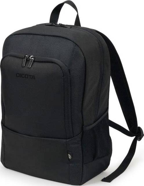 Ein schwarzer Rucksack mit zwei Hauptfächern, Reißverschlüssen und einer Trageschlaufe oben. Geeignet für den täglichen Gebrauch.