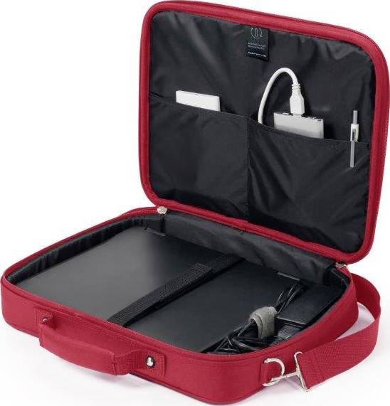 Rote Laptop-Tasche, geöffnet, mit Fächern: enthält Tablet, Ladekabel und Stift. Perfekt für Reisen oder Bürogebrauch.