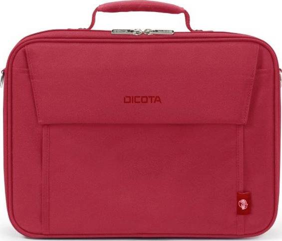 Rote Laptoptasche mit Tragegriff und Logoprägung auf der Vorderseite.