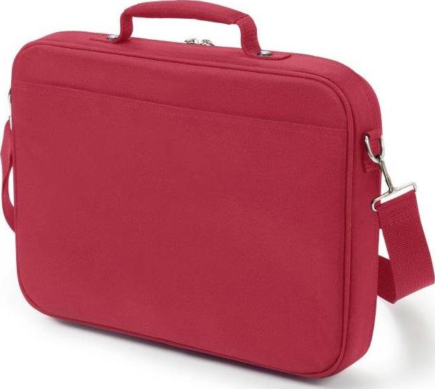 Rote Laptop-Tasche mit Reißverschluss, Tragegriff und abnehmbarem Schultergurt.