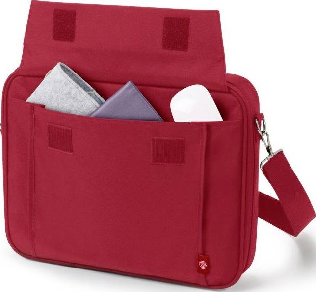 Rote Tasche mit Tragegurt, offenem Fach und Klettverschlüssen. Enthält ein graues Tuch, ein lila Heft und ein weißes Gerät.