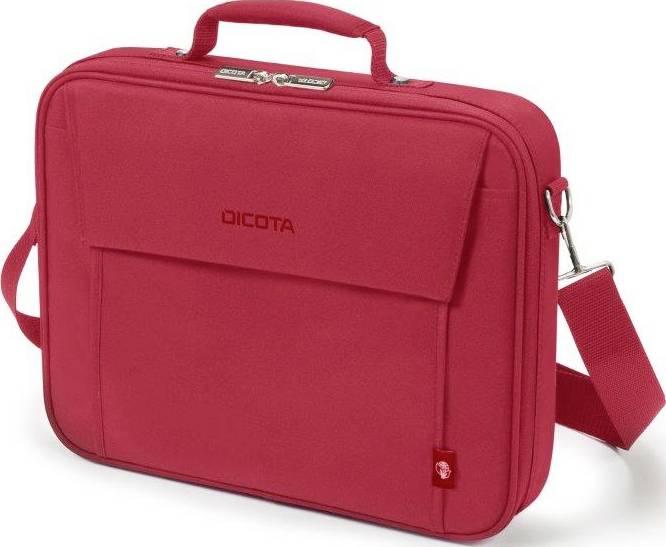Rote Laptoptasche mit Tragegriff und Schultergurt, Markenname 'DICOTA' aufgedruckt. Geeignet für den sicheren Transport von Geräten.