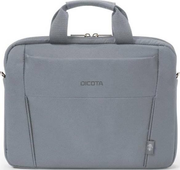 Eine graue Laptop-Tasche mit Tragegriffen und Reißverschlussfach. Auf der Vorderseite ist das Logo 'DICOTA' sichtbar.