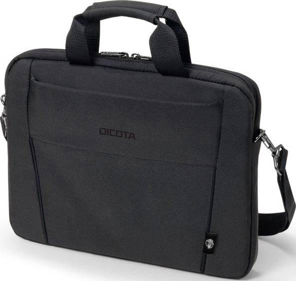 Schwarze Laptoptasche mit Tragegriff und Schultergurt, zeigt das Markenlogo 'Dicota'.
