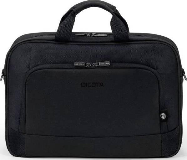 Schwarze Laptop-Tasche mit Tragegriffen, zwei Reißverschlüssen und zusätzlichem Frontfach. Geräumiges Design für Transport.