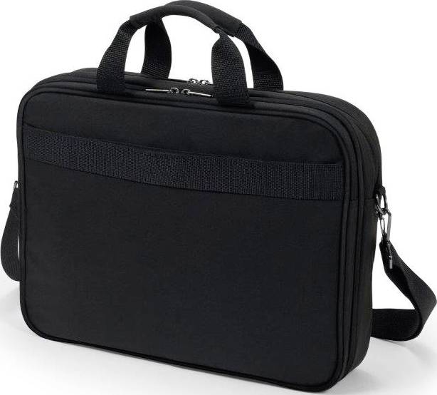 Schwarze Laptoptasche mit Tragegriff und Schultergurt, geeignet für den Transport von Laptops und Zubehör.