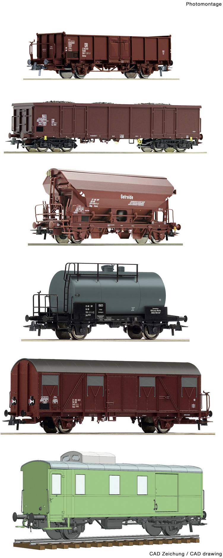 Sechs verschiedene Modelle von Güterwagen, darunter offene Wagen, Kesselwagen und gedeckte Wagen, in verschiedenen Farben und Ausführungen.