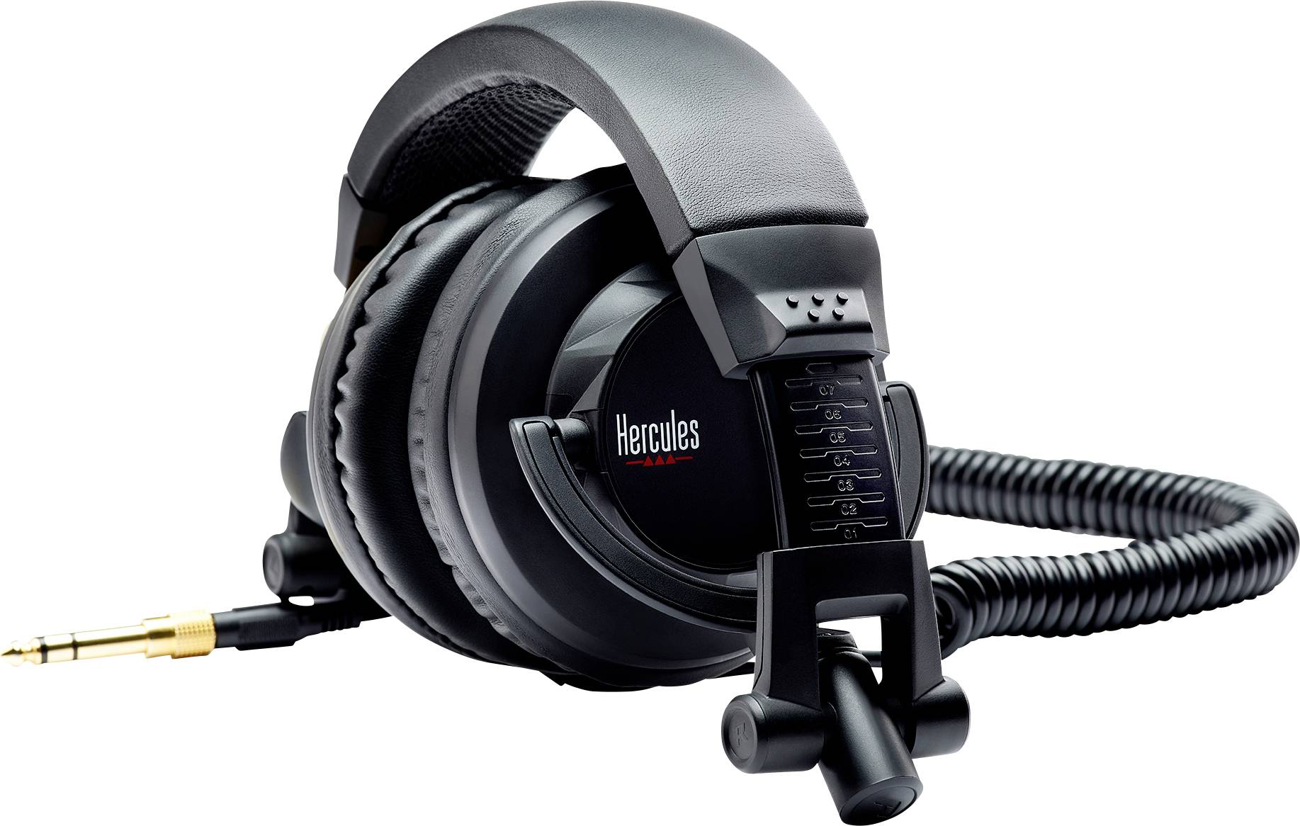 Schwarze Over-Ear-Kopfhörer mit koaxialem Kabel und goldfarbenem Stecker, geeignet für professionelles Audio-Monitoring.