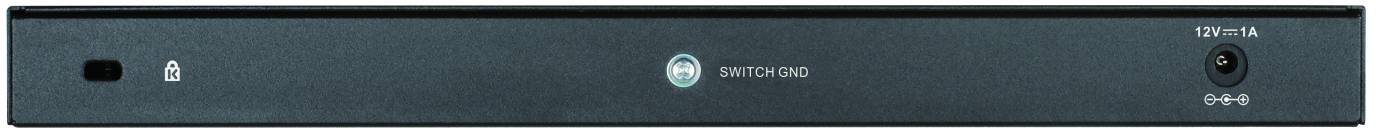 Netzwerk-Switch in schwarzem Gehäuse mit Power-LED, Logo und Stromanschluss auf der Vorderseite.