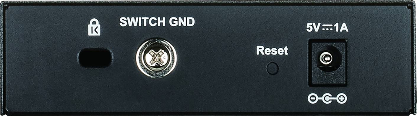 Rückseite eines elektronischen Geräts mit einem Schraubanschluss, einem Reset-Knopf und einem Netzadapteranschluss (5V, 1A).