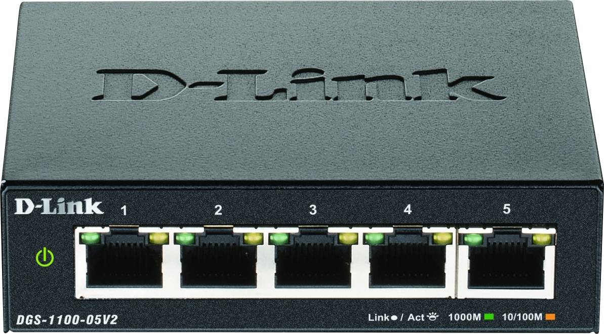 Ein schwarzer 5-Port-Netzwerk-Switch der Marke D-Link mit Modellnummer DGS-1100-05V2. Ports sind numeriert und mit LED-Anzeigen ausgestattet.