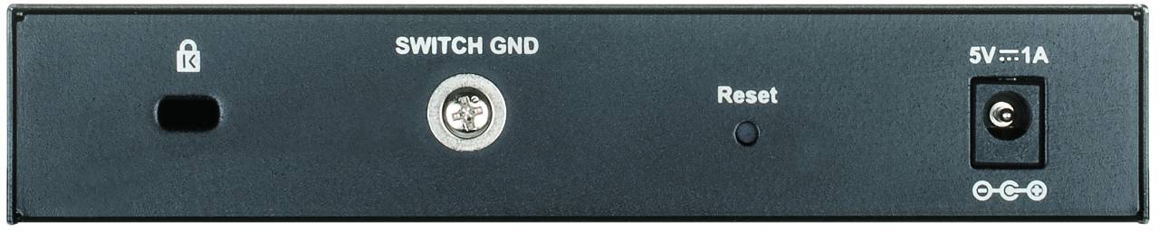 Vorderseite eines elektronischen Geräts mit Tasten und Anschlüssen: 'SWITCH GND', 'Reset', 5V-Stromeingang und ein Schlüsselsymbol.