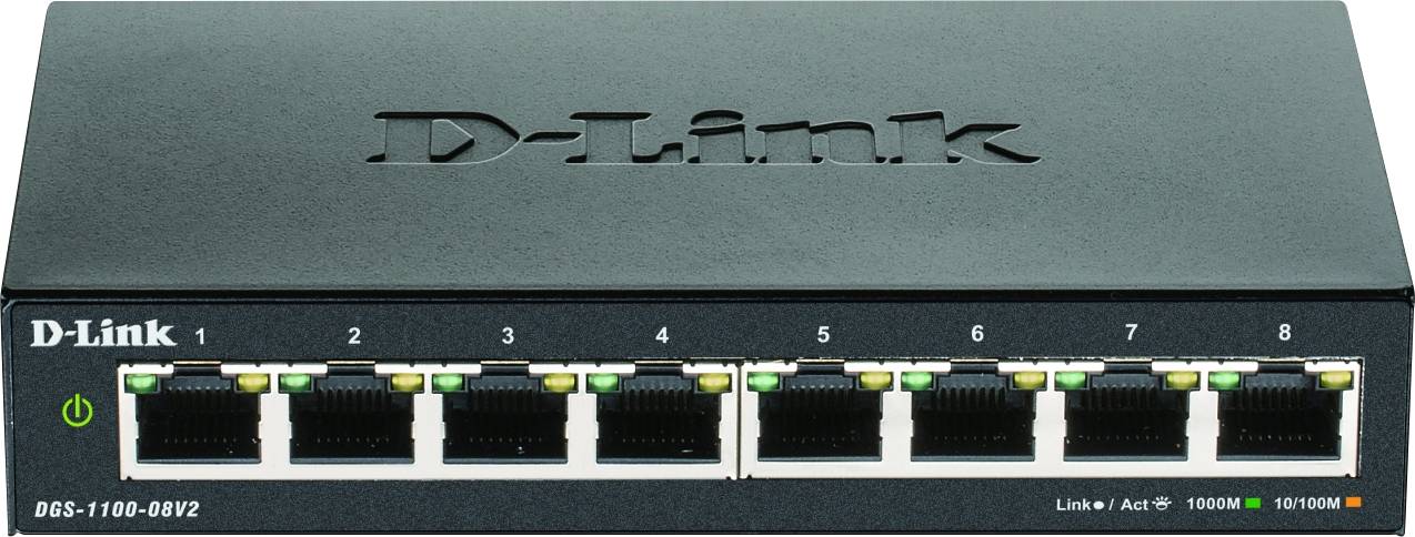 Ein schwarzer 8-Port-Ethernet-Switch von D-Link, Modell DGS-1100-08V2, mit Netzanschluss sowie LED-Anzeigen für Link- und Aktivitätsstatus.