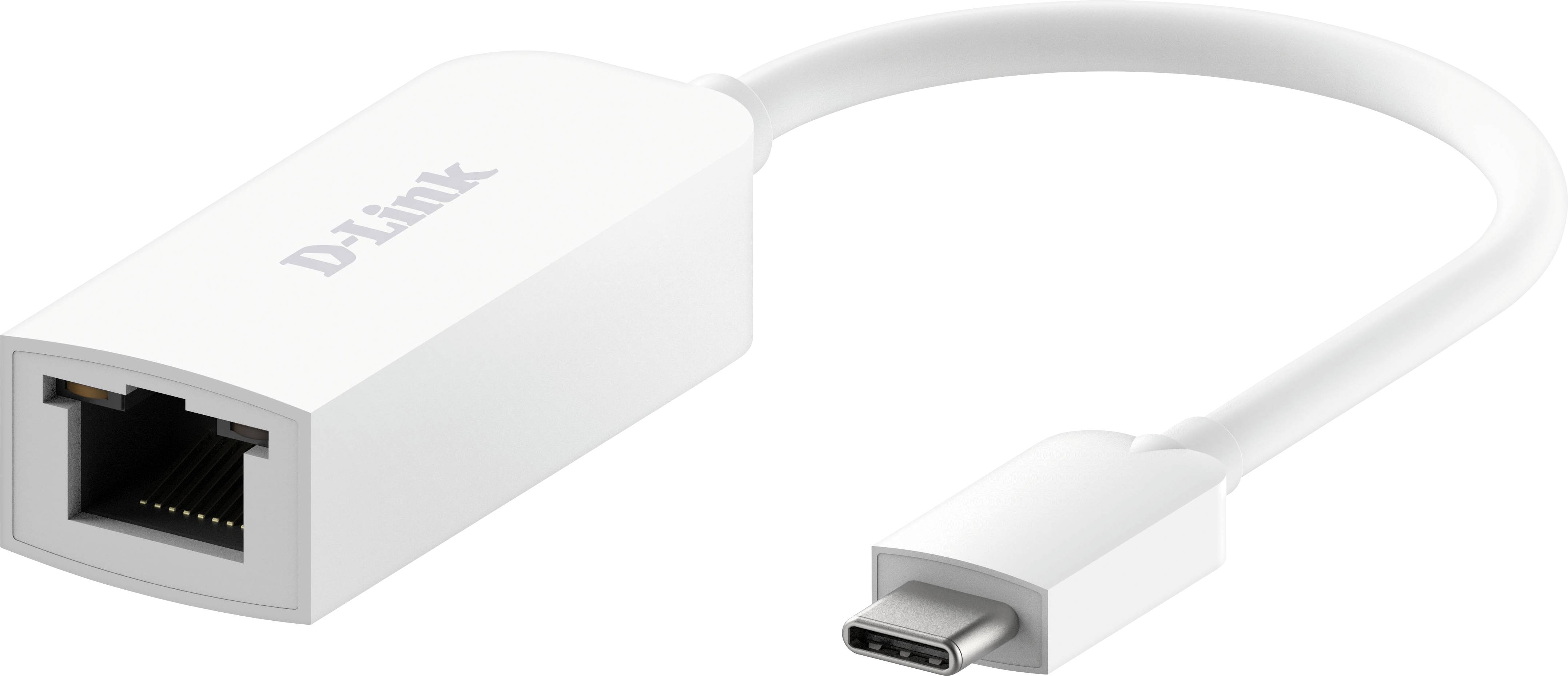 Ein weißer USB-C-zu-Ethernet-Adapter der Marke D-Link, der eine Verbindung zwischen einem USB-C-Anschluss und einem Ethernet-Kabel herstellt.