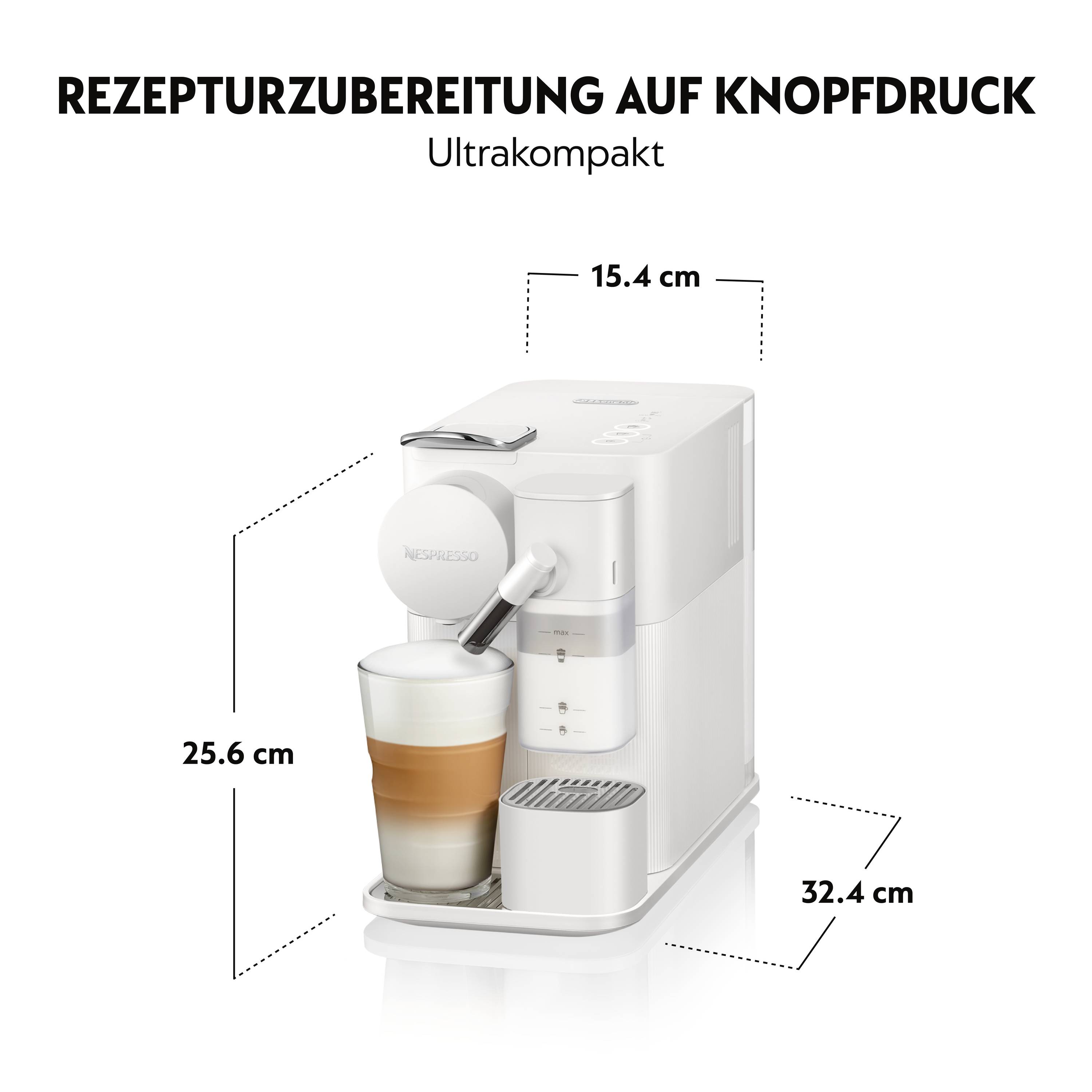 Ultrakompakte Kaffeekapselmaschine mit Ein-Knopf-Bedienung. Maße: 15,4 cm x 25,6 cm x 32,4 cm. Bereitet Kaffee direkt in Tasse zu.