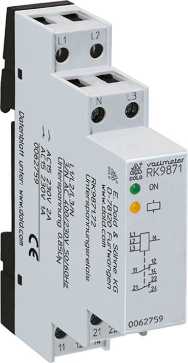 Elektrisches Schaltschütz-Modul mit der Aufschrift 'vaumeter RK9871', grüner Anzeigelampe, technischen Spezifikationen und CE-Kennzeichnung.