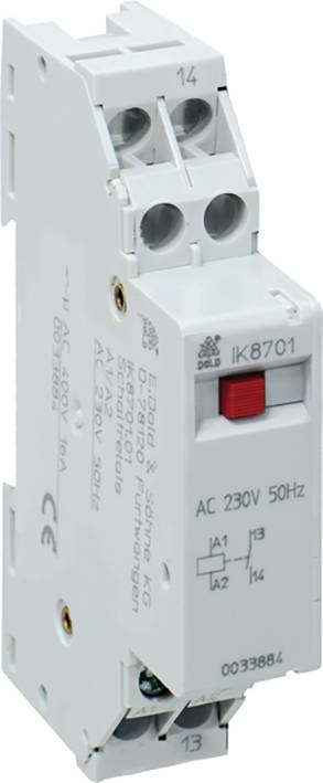 Ein elektrisches Relais mit technischer Beschriftung 'AC 230V 50Hz'. Zeigt verschiedene Anschlussklemmen und ein Schaltbild.
