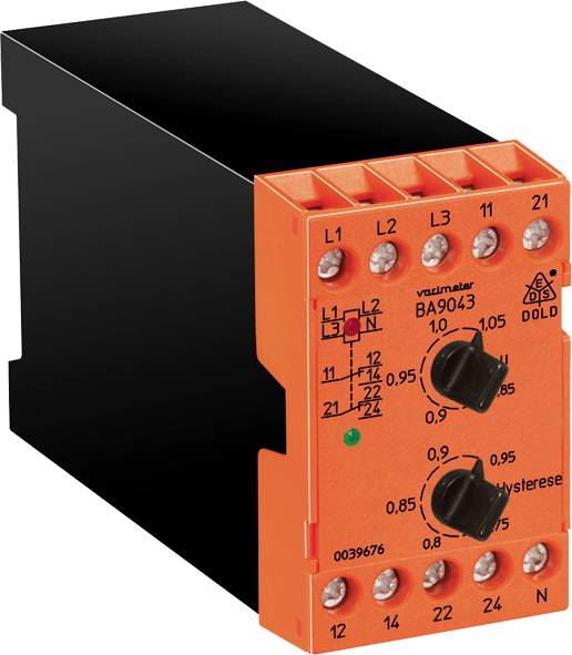 Ein rotes DOLD-Spannungsüberwachungsrelais mit Einstellknöpfen, LED-Anzeigen und Anschlussklemmen zur Überwachung elektrischer Systeme.