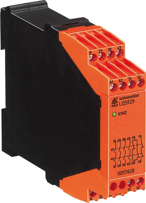 Ein orange-schwarzes elektronisches Gerät mit Anschlüssen und LED-Anzeigen. Aufdruck: 'LG5929' und Schaltplan-Symbol.