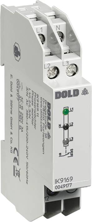 Ein elektronisches Gerät von Dold, vermutlich ein Überwachungsrelais, mit mehreren Anschlüssen und einer schematischen Darstellung vorne.