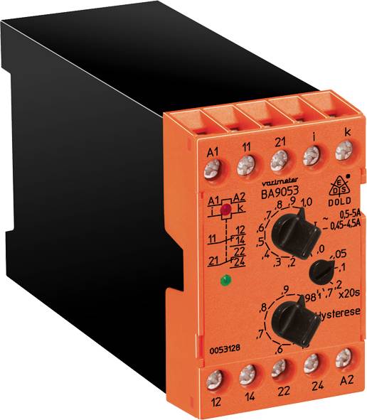 Ein oranges elektronisches Schaltgerät mit mehreren Reglern und Anschlüssen, speziell gekennzeichnet für elektrische Anwendungen.