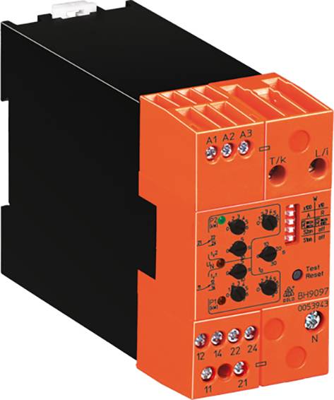 Ein orange-schwarz kontrastierter Sicherheitsschalter mit mehreren Anschlüssen und Test-Reset-Tasten, geeignet für industrielle Anwendungen.